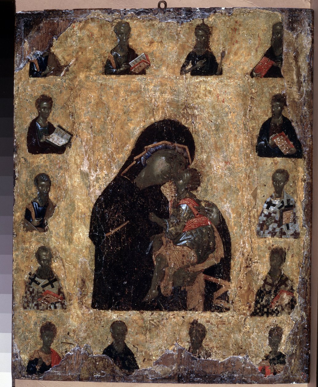 Bizans sanatı: "Azizlerle Şefkat Bakiresi" veya "Eleousa Bakiresi"" (Azizlerle Şefkat Bakiresi (Virgin Eleusa) 14. yüzyıl simgesi Hermitage Müzesi, Sankt Petersburg (Saint-Petersburg ) by Byzantine