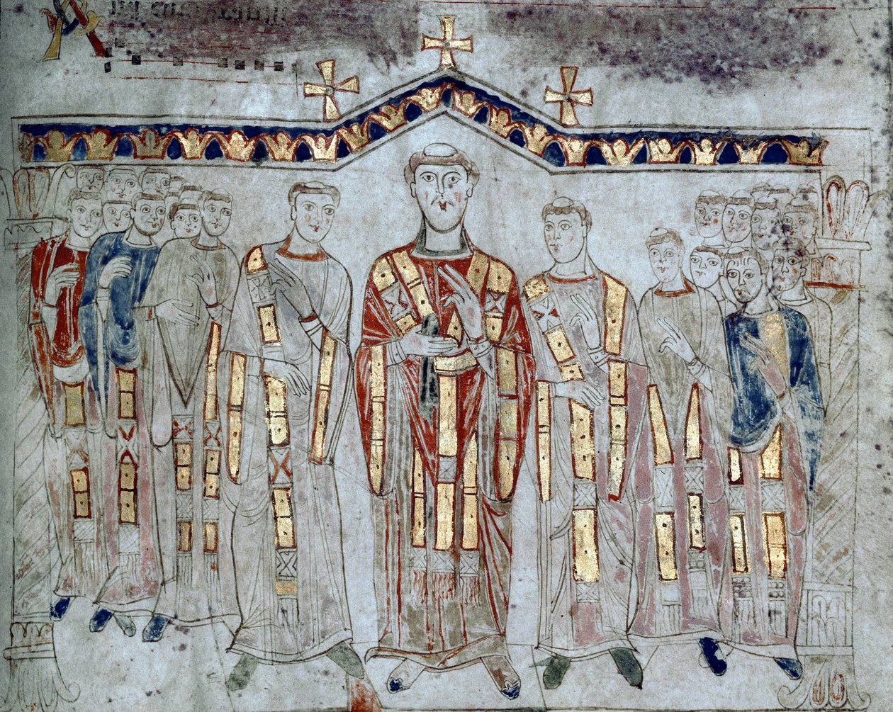 Bizans Sanatı: “” Eveques ve deaconlardan oluşan Gaete Katedrali (Gaeta) bölümünün meclisi””” Minyatür “Exultet” ten 11. yüzyılın başlarından Museo Diocesano, GaETA by Byzantine