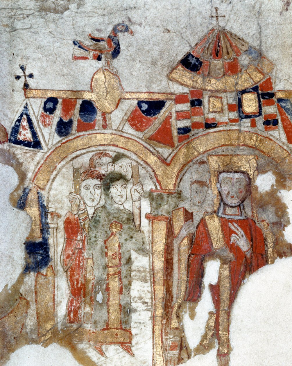 Bizans sanatı: “” Kilise alayı sırasında diyakoz ve fideler””” Minyatür “” Exultet” ten 11. yüzyılın başından itibaren Museo Diocesano, Gaeta by Byzantine