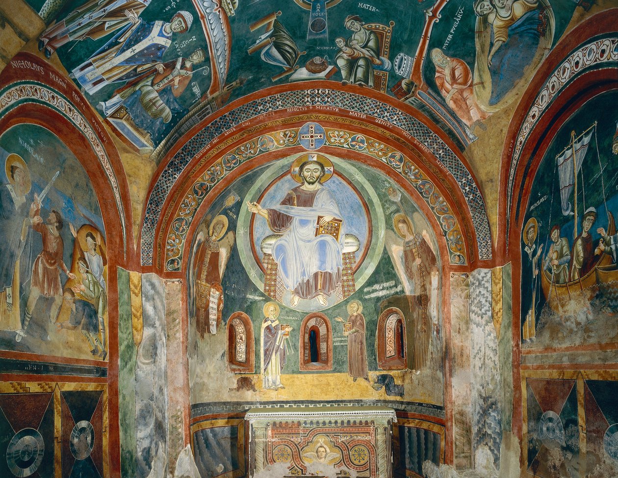 Bizans tarzında Romanesk fresklerle Aziz Eldrad ve Aziz Nikolaos Şapeli, Geç 11. yüzyıl, Novalesa Manastırı, Piedmont, İtalya by Byzantine