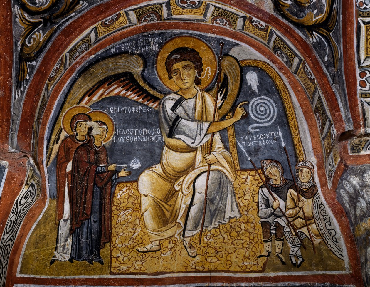 Mezardaki kutsal kadınlar ve Melek görünümü, Bizans freski (12. yüzyıl), Karanlık Kilise (Karanlık Kilise) (12.-13. yüzyıl), Göreme (Unesco Dünya Mirası Listesi) by Byzantine
