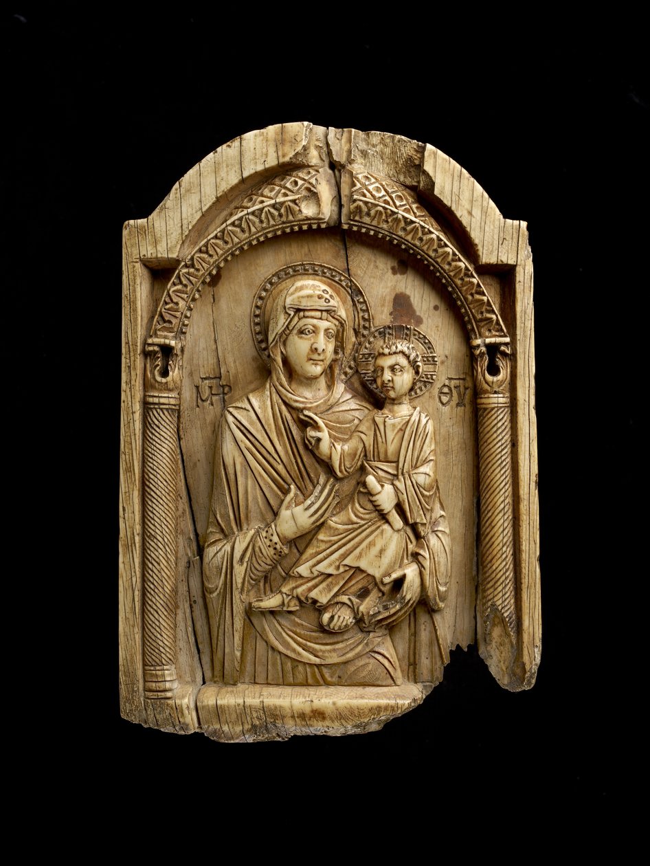 Bakire Hodegetria'nın sol kolunda oturan, sol elinde bir parşömen tutan ve sağ eliyle kutsayan Mesih Çocuğuna işaret eden simgesi by Byzantine
