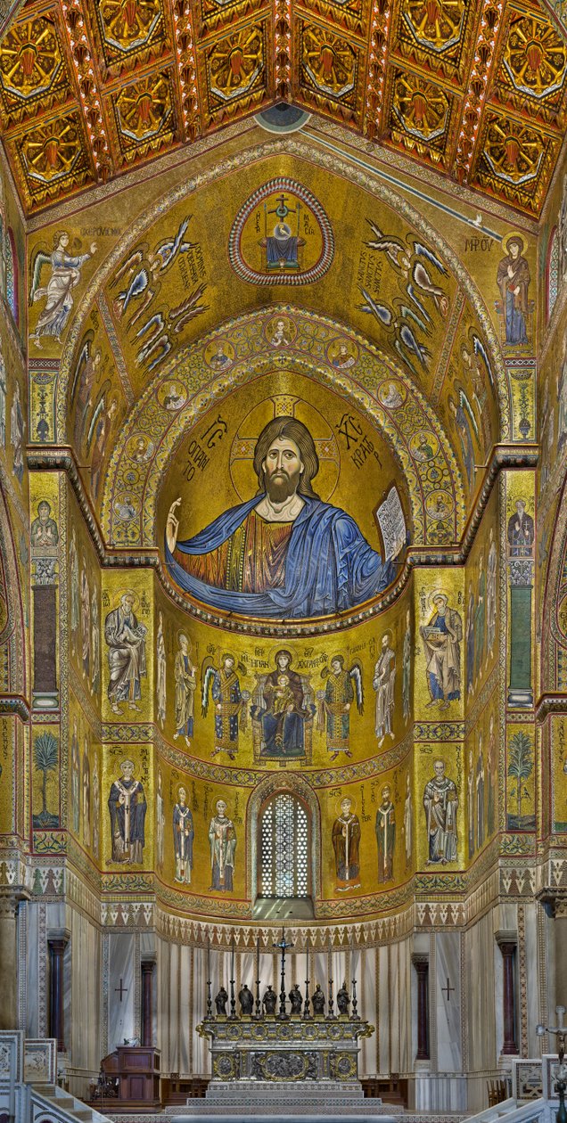 Ünlü Pantocrator İsa (mozaik) dahil olmak üzere kısmen yerel ve kısmen Venedikli işçiler tarafından 12. ve 13. yüzyılın ortaları arasında yürütülen Bizans mozaikleriyle apsisin görünümü by Byzantine