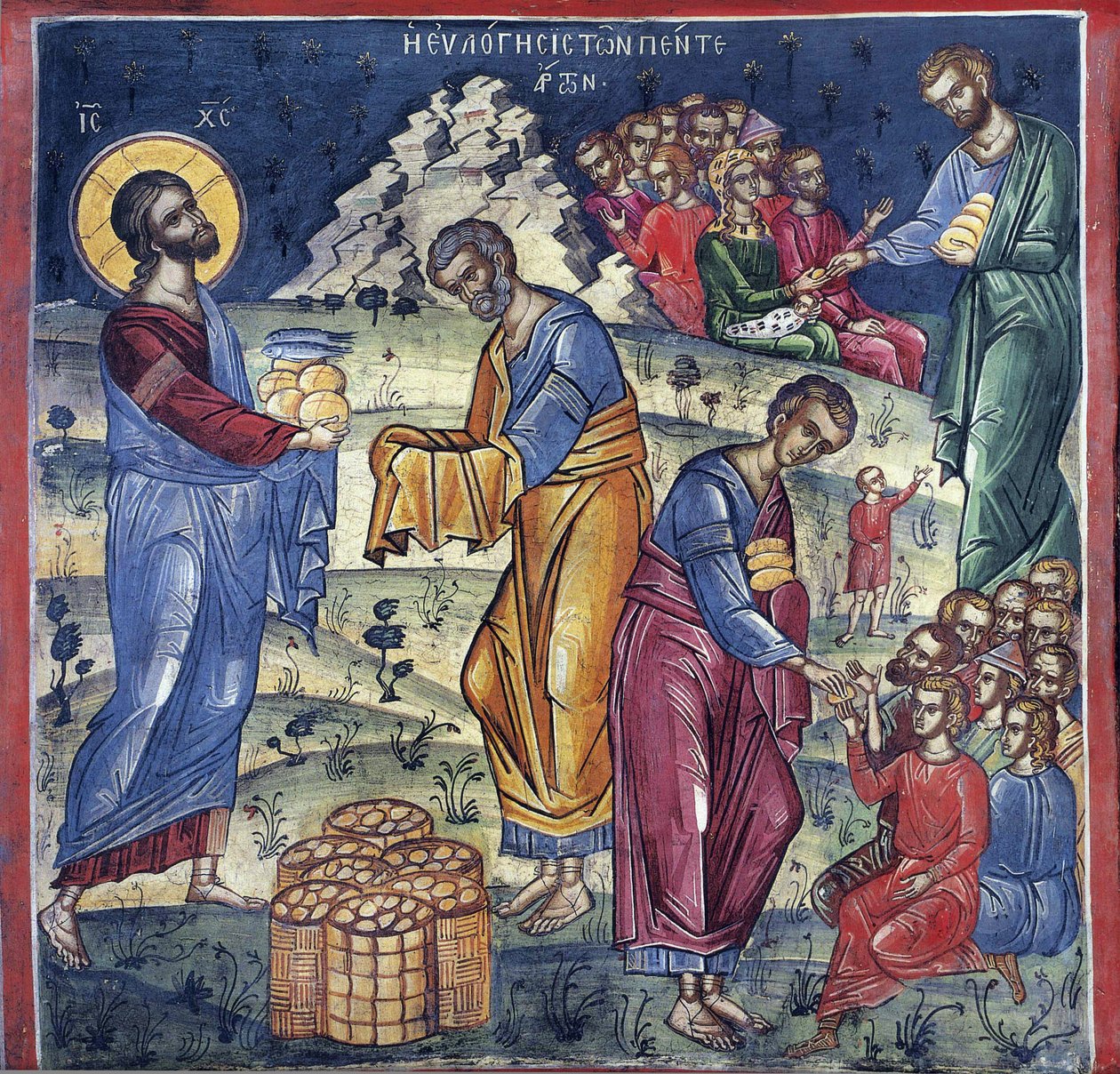 La çarpma des ağrıları - Beş Somun ve İki Balık Mucizesi - Bizans Ustası - 16. yüzyıl - Fresk - Dionysiou manastırı, Athos Dağı by Byzantine Byzantine