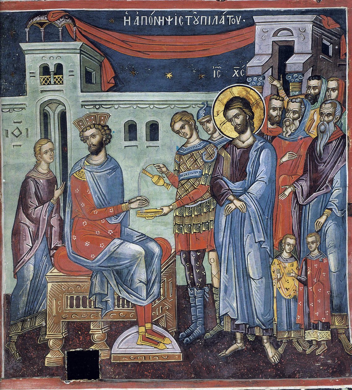 Ponce Pilate se lavant les mains - Pilate Ellerini Yıkanıyor - Bizans Ustası - 16. yüzyıl - Fresk - Dionysiou manastırı, Athos Dağı by Byzantine Byzantine