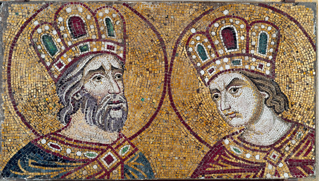 Roma İmparatoru I. Konstantin, annesi Saint Helene ile (mozaik detayı) by Byzantine Byzantine
