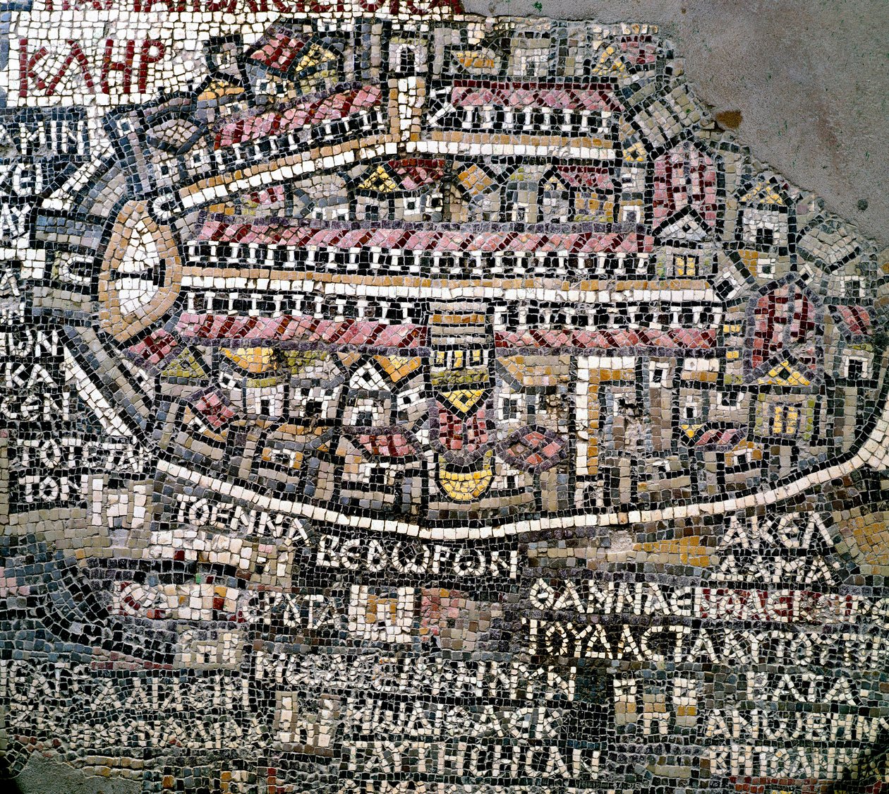 Bizans sanatı: Filistin'in en eski haritası. Kudüs'ü temsil eden detay. 6. yüzyıl mozaiği. Madaba, Aziz George Kilisesi by Byzantine School