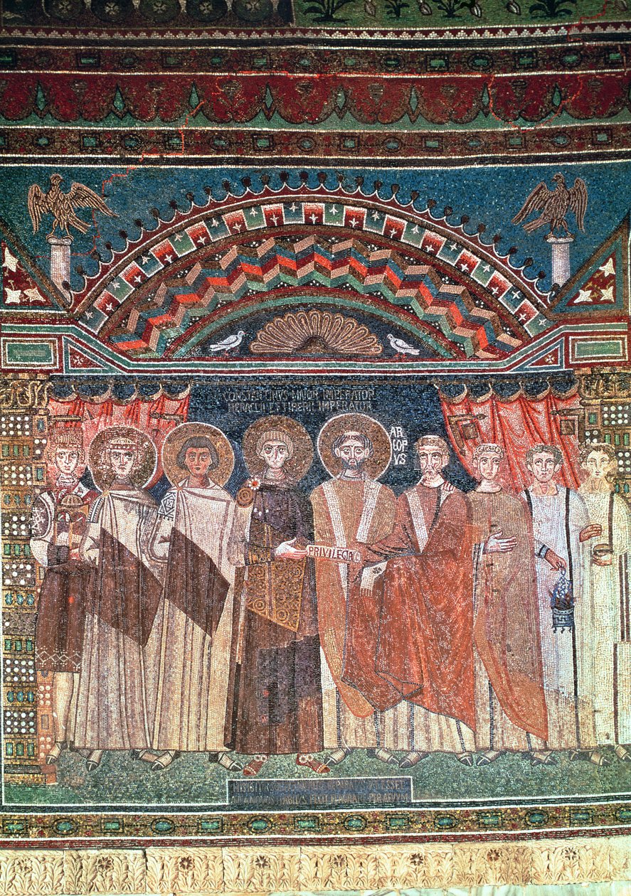 Konstantin IV (654-85) Ravenna kilisesi için Piskopos Reparatus ayrıcalıkları veriyor, 671-77 (mozaik) by Byzantine School