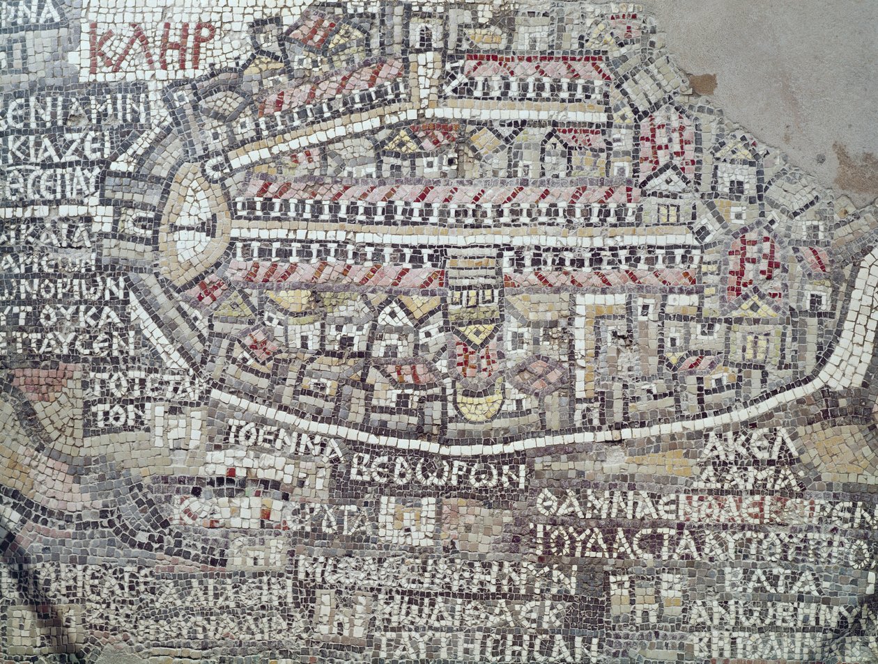Kudüs şehrini tasvir eden bir Bizans mozaiğinin detayı (mozaik) by Byzantine School