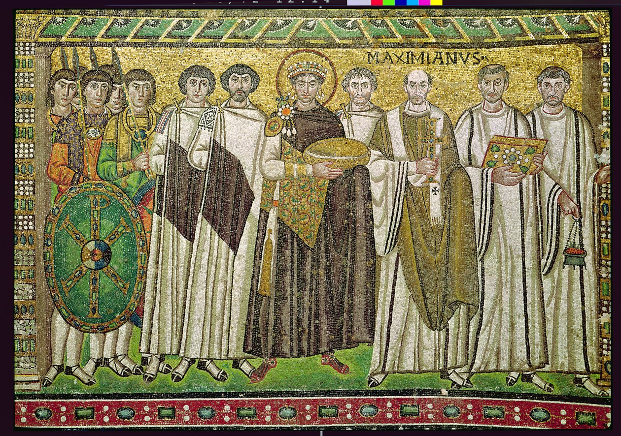 İmparator I. Justinian ve görevliler, muhafızlar ve din adamlarından oluşan maiyeti, MS 547 dolayları (mozaik) by Byzantine School