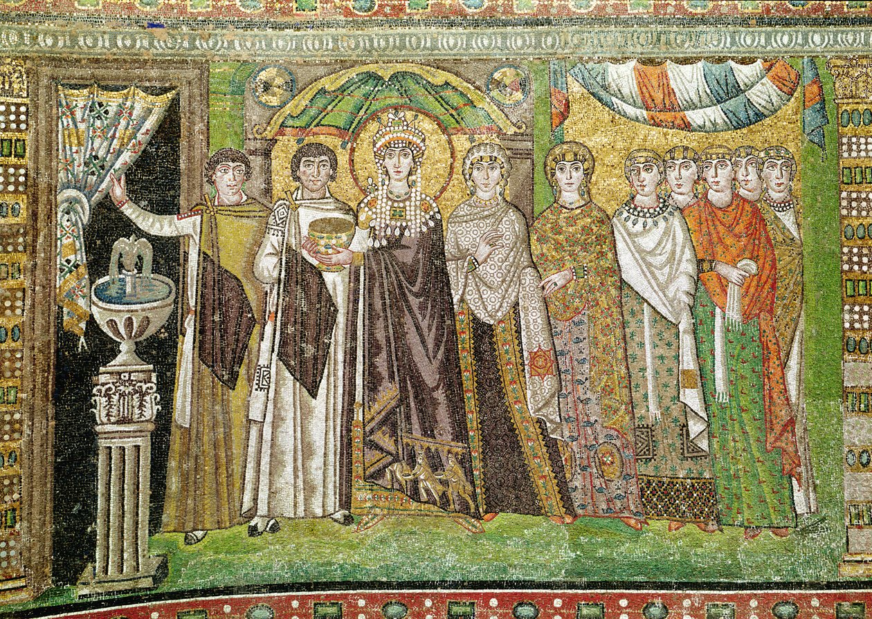 İmparatoriçe Theodora, iki bakan ve yedi kadından oluşan sarayıyla, MS 547 dolayları (mozaik) by Byzantine School