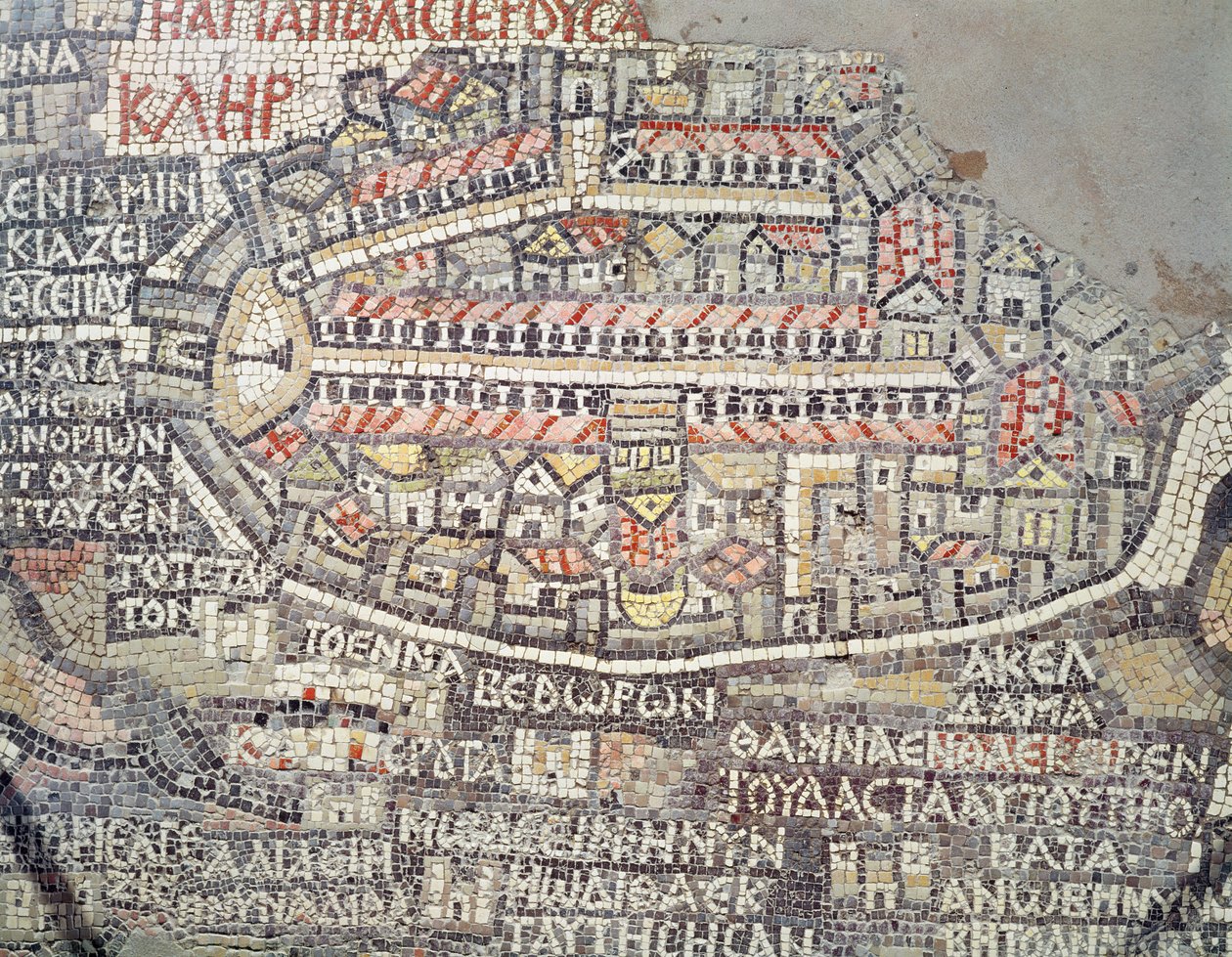 Kudüs Şehri ve çevresi, Madaba mozaik haritasından detay, Bizans, 6. yüzyıl (mozaik) by Byzantine School