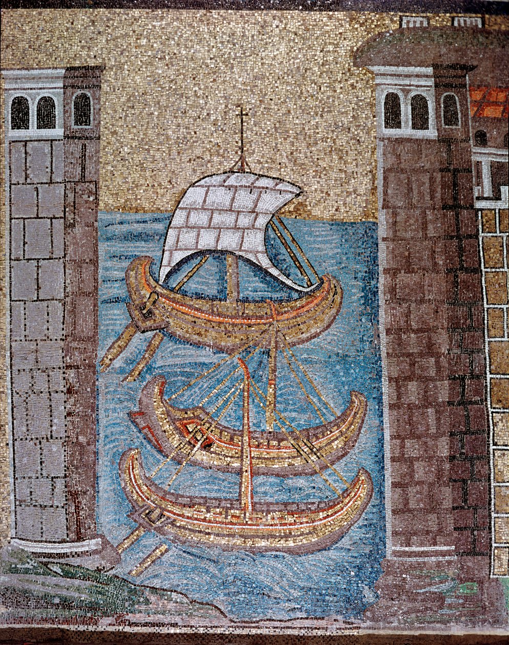 Sınıf limanındaki teknelerin görünümü (Mozaik detayı, 6. yy) by Byzantine School