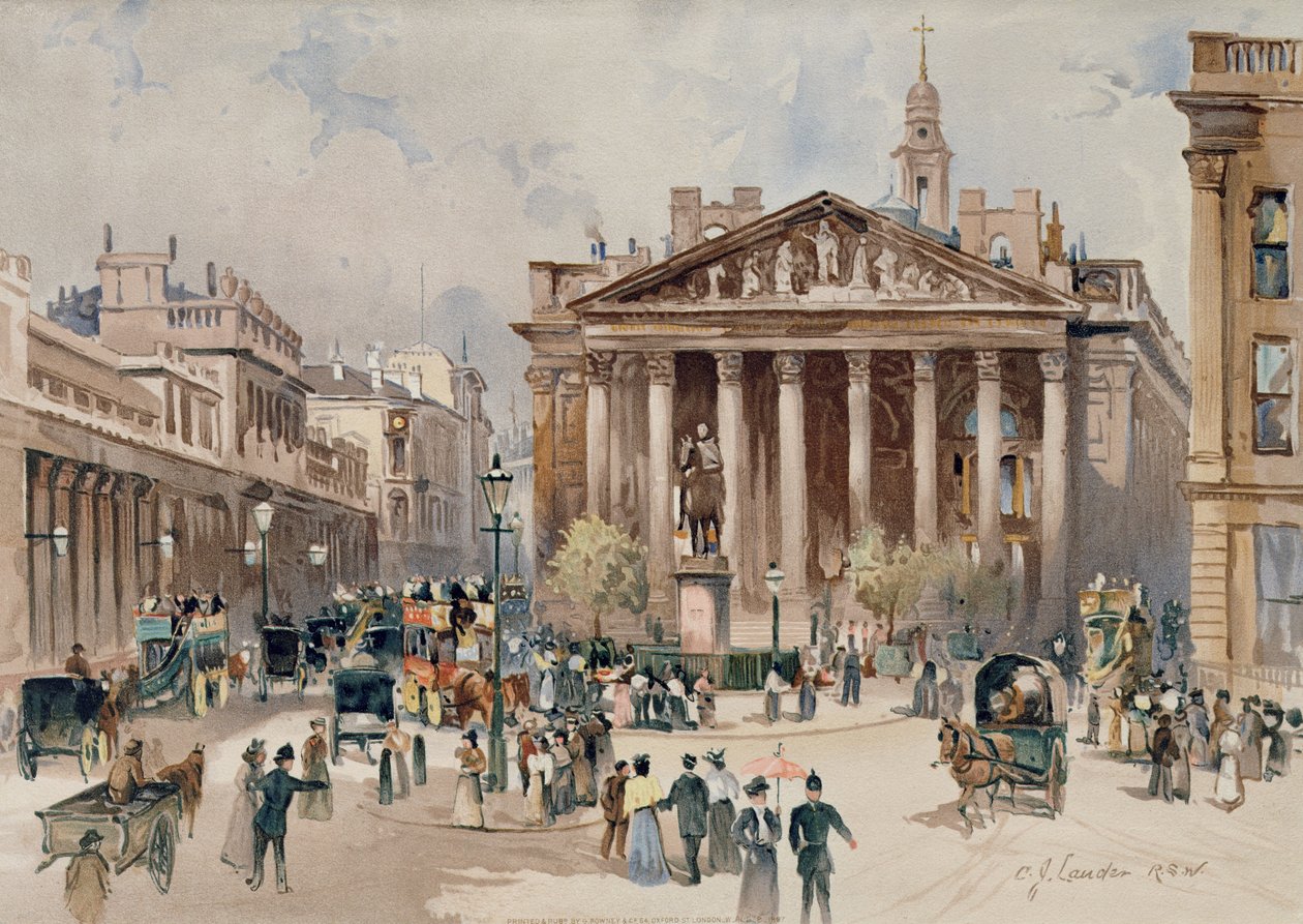 Royal Exchange'in görünümü, Londra Şehri, pub. G. Rowney, 1897 (kromolitograf) by C. J. Lander