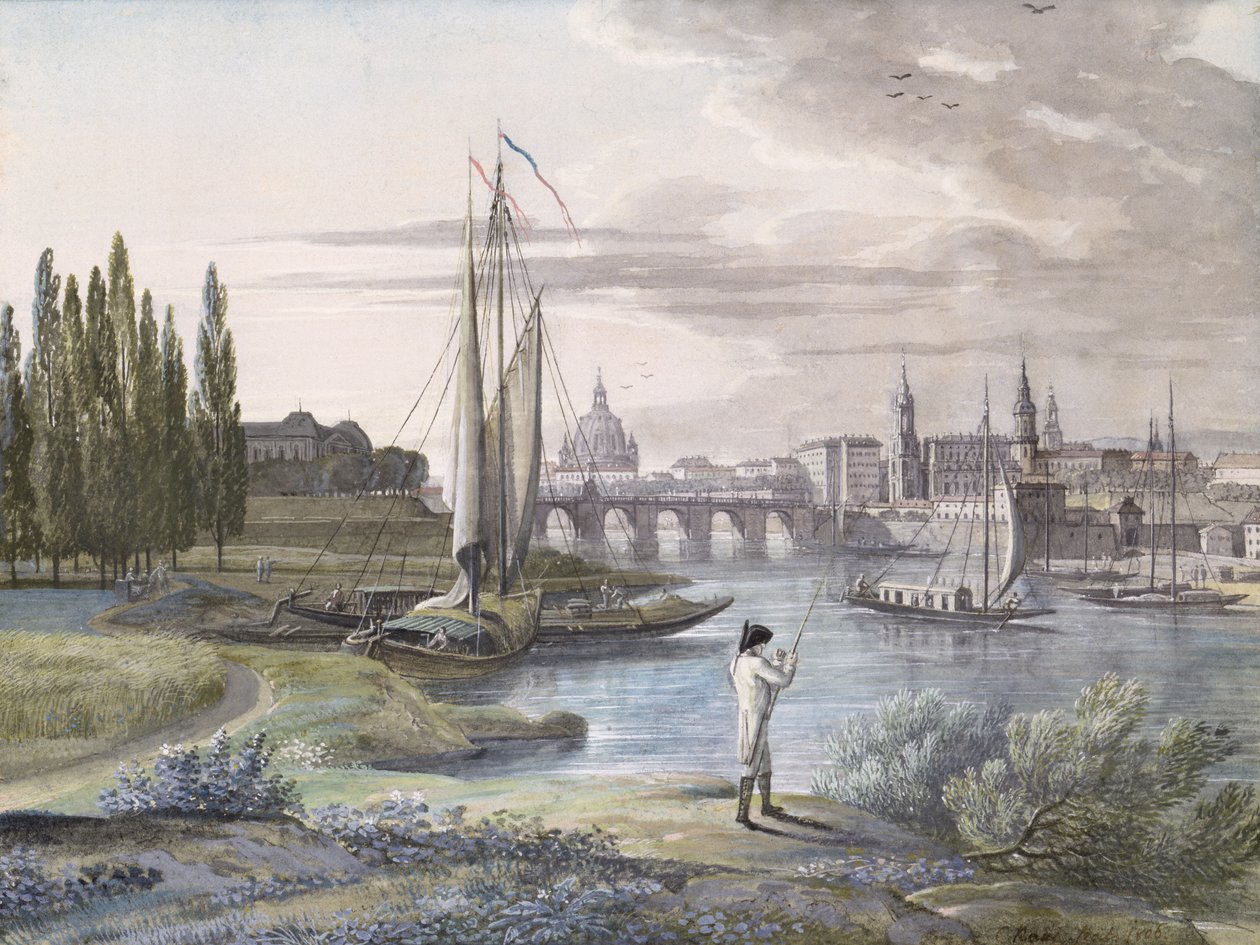 Dresden ve Elbe Nehri manzarası, 1806 (kağıt üzerinde wc) by C. Roes