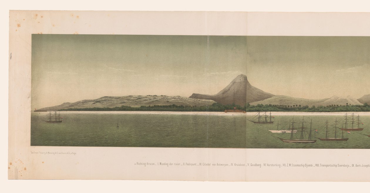 Dört bölümden oluşan Birinci Aceh Seferi filosu ile Büyük Aceh sahilinin görünümü Büyük Aceh Yolu (nesne üzerindeki başlık) by C.A. Whitten