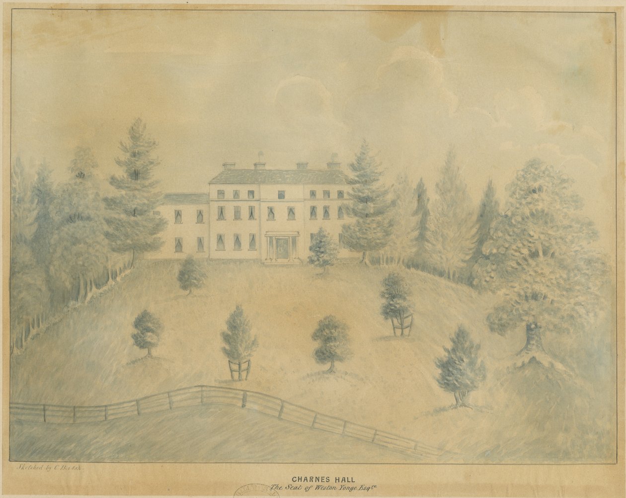 Charnes Hall: kurşun kalem ve yıkama çizimi, nd [19. yüzyıl] by C.B Ash