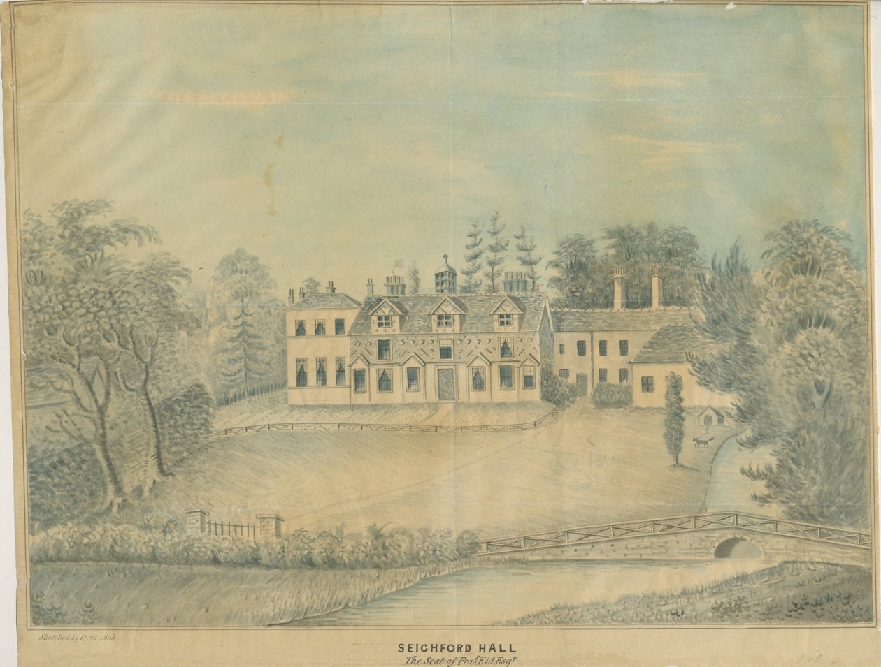 Seighford Hall: renkli yıkama çizimi ve [19. yüzyılın ortaları] by C.B Ash