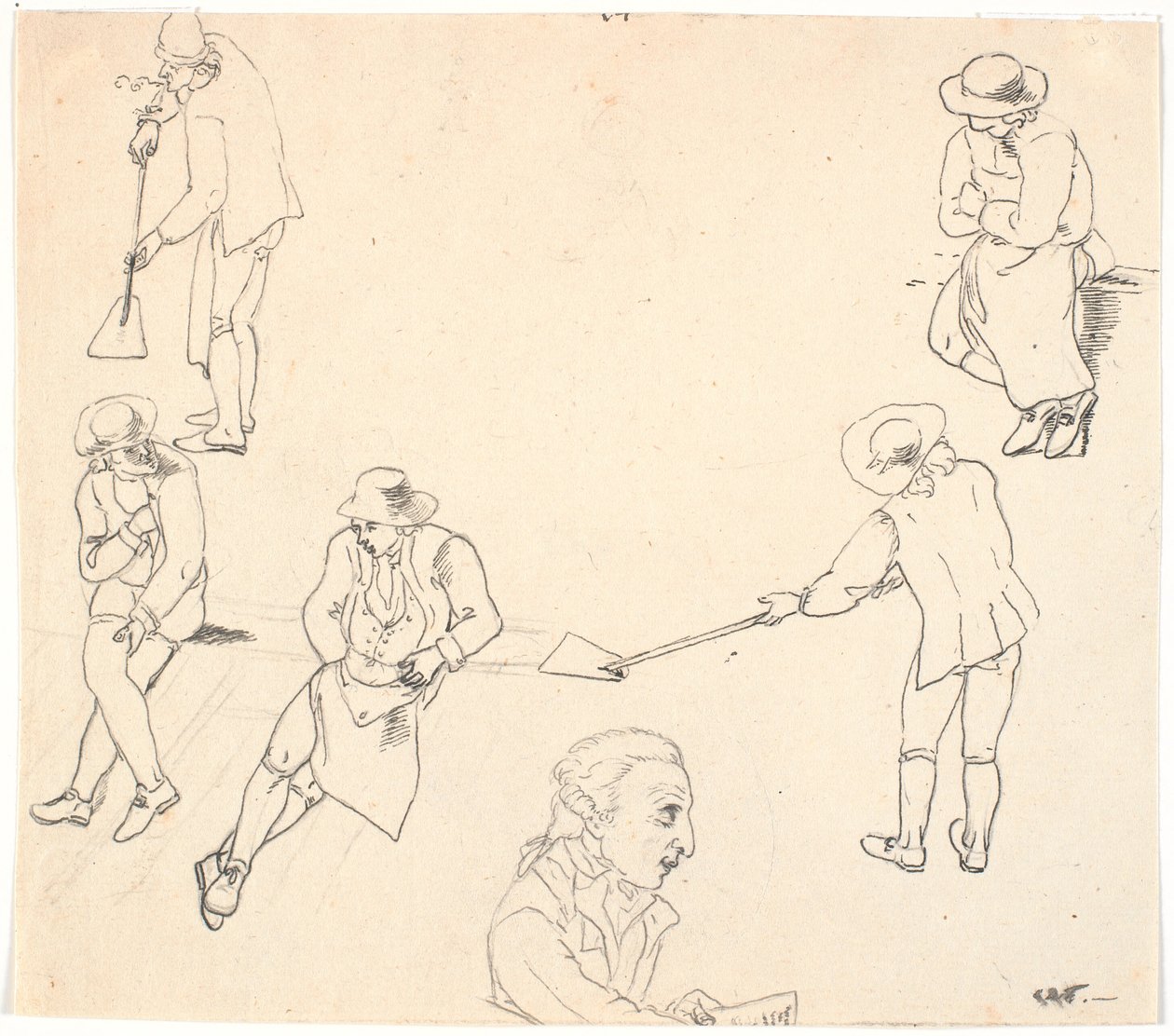 Altı erkek figürü, ikisi kürekli, üçü oturan ve bir erkek profili ile eskiz by C.D. Fritzsch