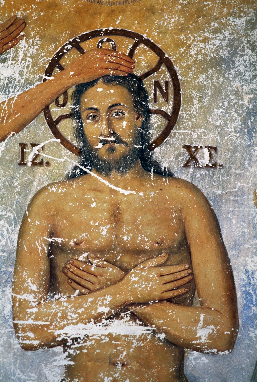 İsa, St John tarafından vaftiz ediliyor, St John Theologian Manastırı kilisesinde fresk (Unesco Dünya Mirası Listesi) by J.B. and Brown J. Rowbotham