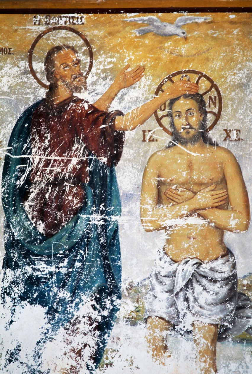 İsa, St John tarafından vaftiz ediliyor, St John Theologian Manastırı kilisesinde fresk (Unesco Dünya Mirası Listesi) by J.B. and Brown J. Rowbotham