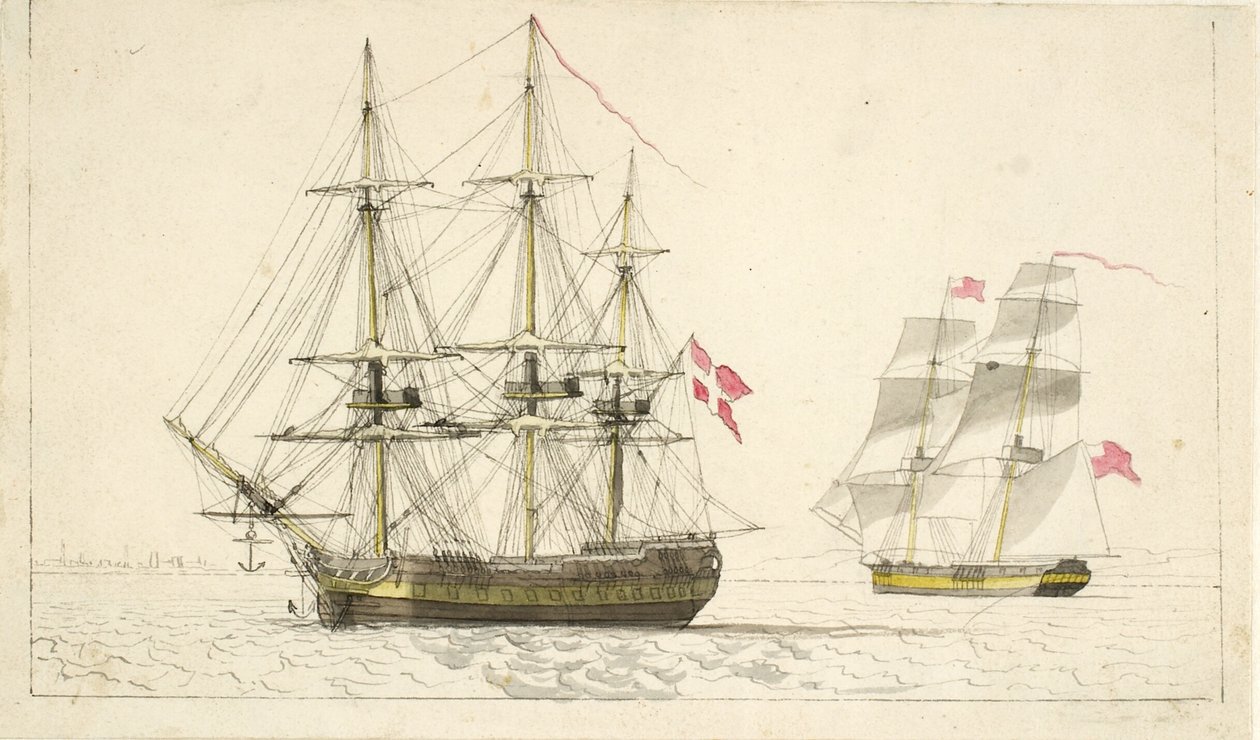 Danimarkalı bir firkateyn demir atıyor ve bir İngiliz briketi yelken açıyor by Christoffer Wilhelm Eckersberg