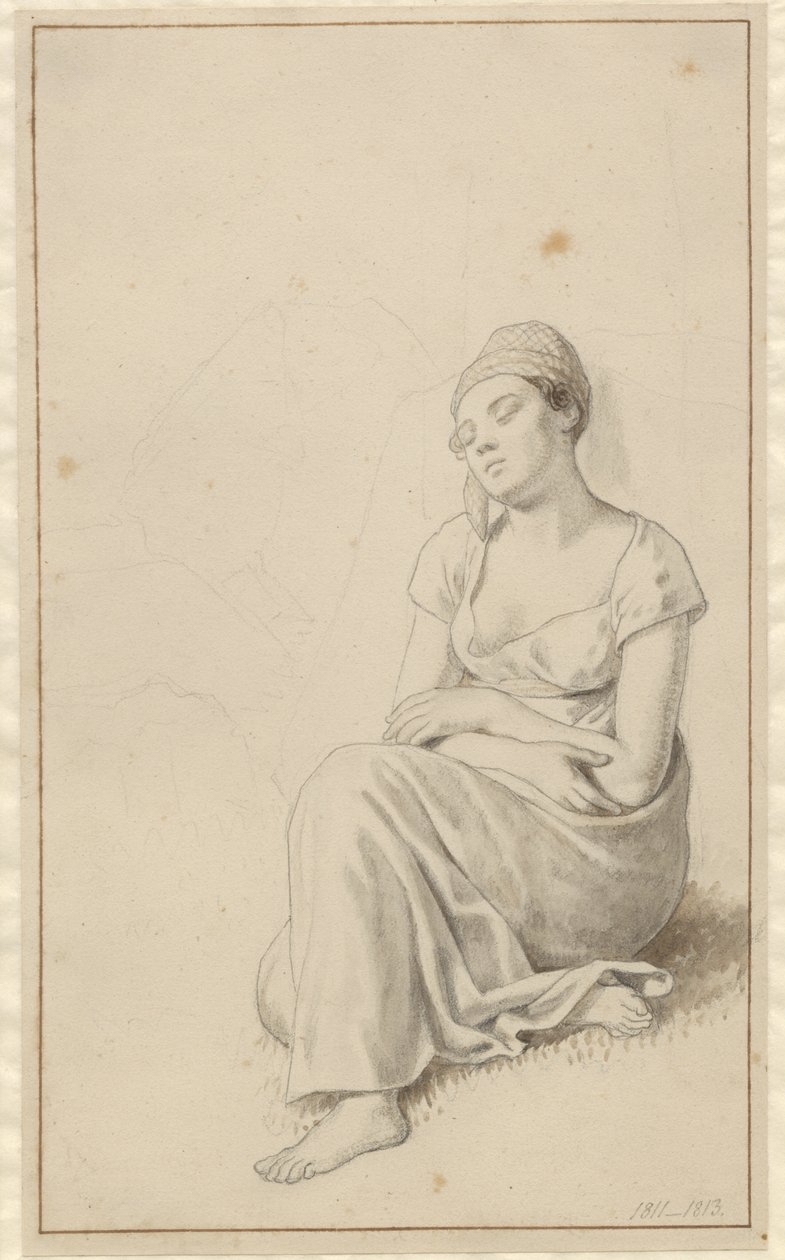 Bir kayaya yaslanmış oturan ve uyuyan bir kadın. by Christoffer Wilhelm Eckersberg