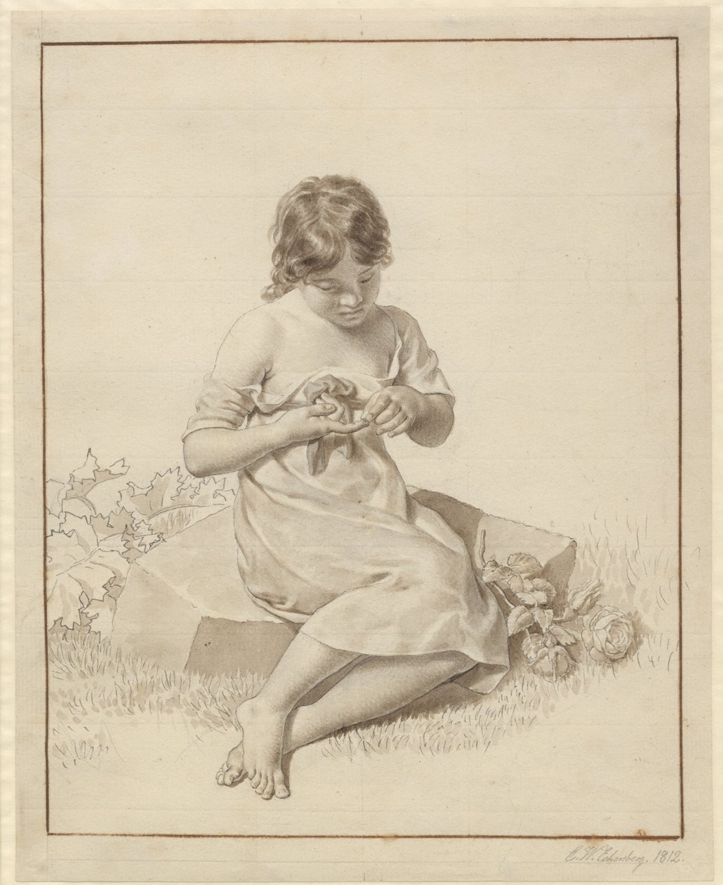 Parmağını bir gül çalısına yapıştıran küçük bir kız by Christoffer Wilhelm Eckersberg