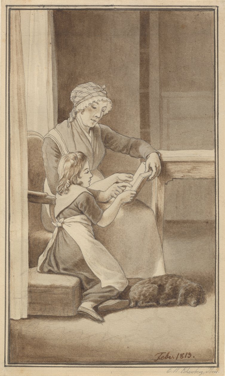 Bir anne küçük kızına okumayı öğretiyor by Christoffer Wilhelm Eckersberg