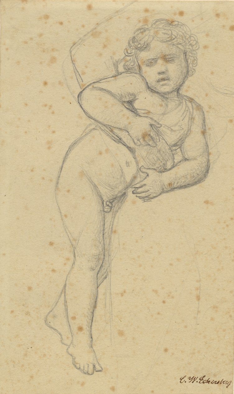 Çıplak bir çocuk annesinin dizlerine yaslanır. by Christoffer Wilhelm Eckersberg