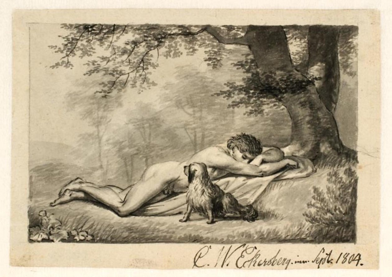 Bir ağacın dibinde yatan ve uyuyan çıplak bir genç adam, yanında bir köpek by Christoffer Wilhelm Eckersberg