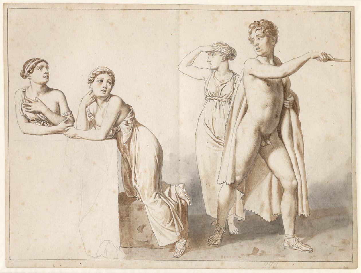 Antika kostümlü dört çalışma figürü, üç kadın ve bir erkek. by Christoffer Wilhelm Eckersberg