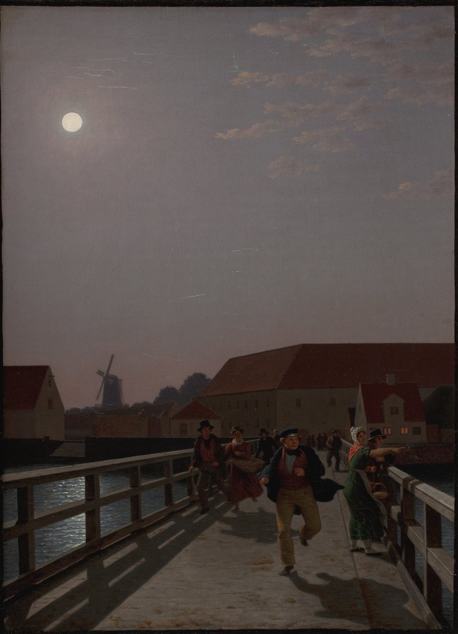 Langebro, Kopenhag, Ay Işığında Koşu Figürleriyle by Christoffer Wilhelm Eckersberg