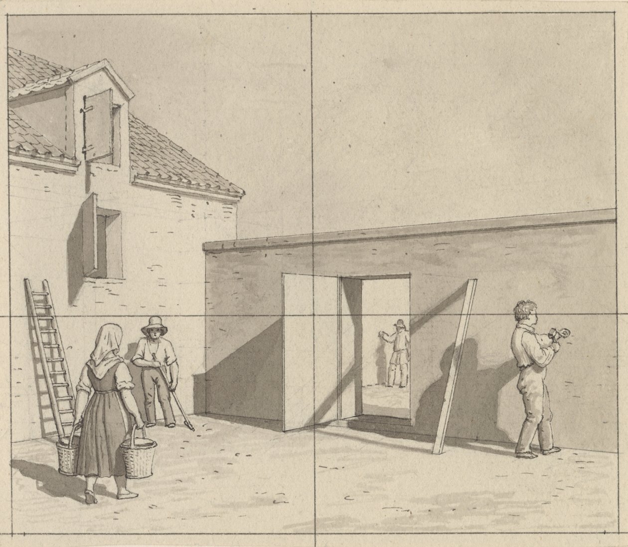 Resim sanatına uygulanan doğrusal perspektif - kullanılmayan illüstrasyonun taslağı - dört çiftçi ve zanaatkarla birlikte Danimarka avlusu. by Christoffer Wilhelm Eckersberg