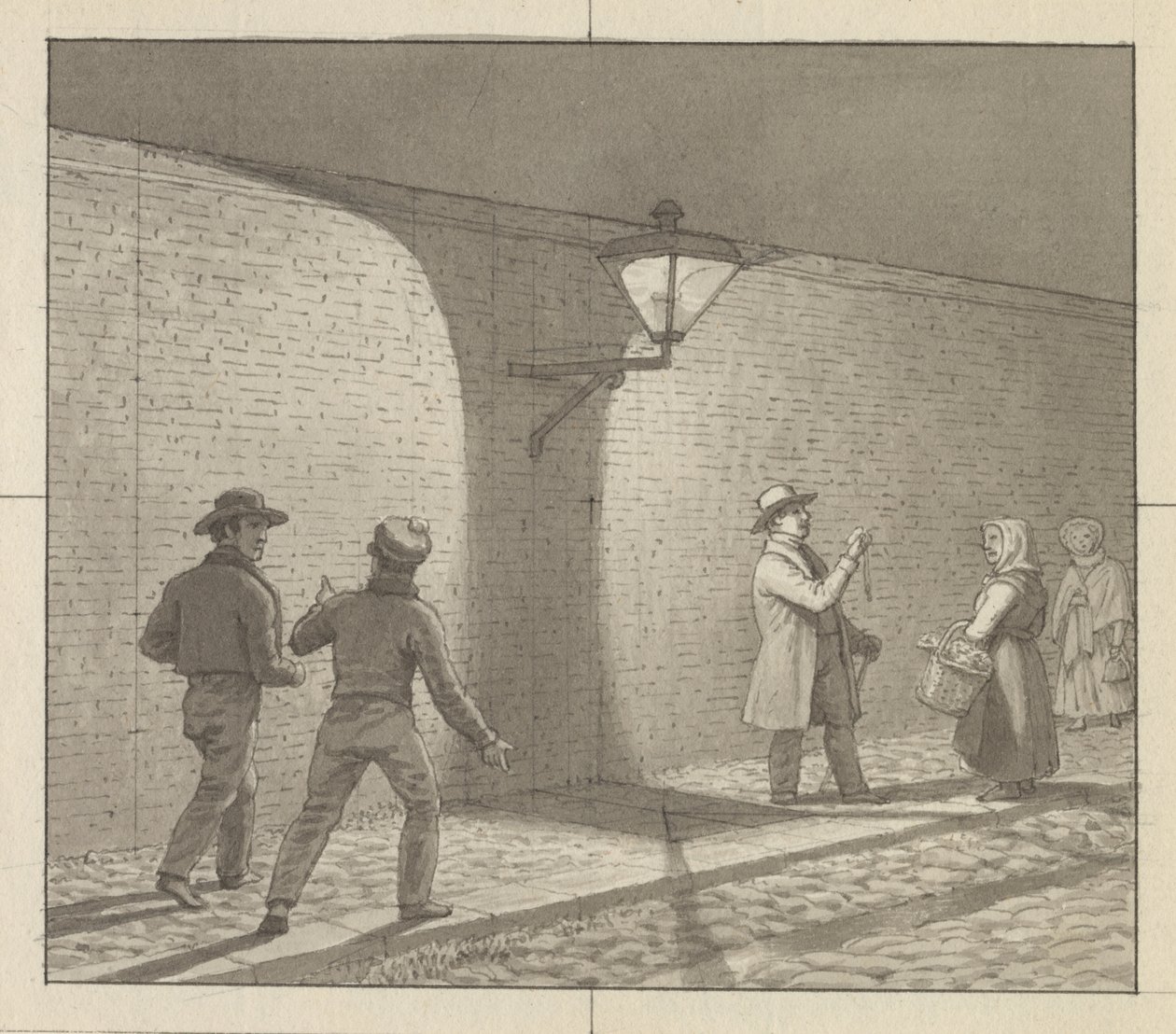 Resim sanatına uygulanan doğrusal perspektif, Levha VIII, şek. 1 - Sokak lambası altında gece trafiği. by Christoffer Wilhelm Eckersberg