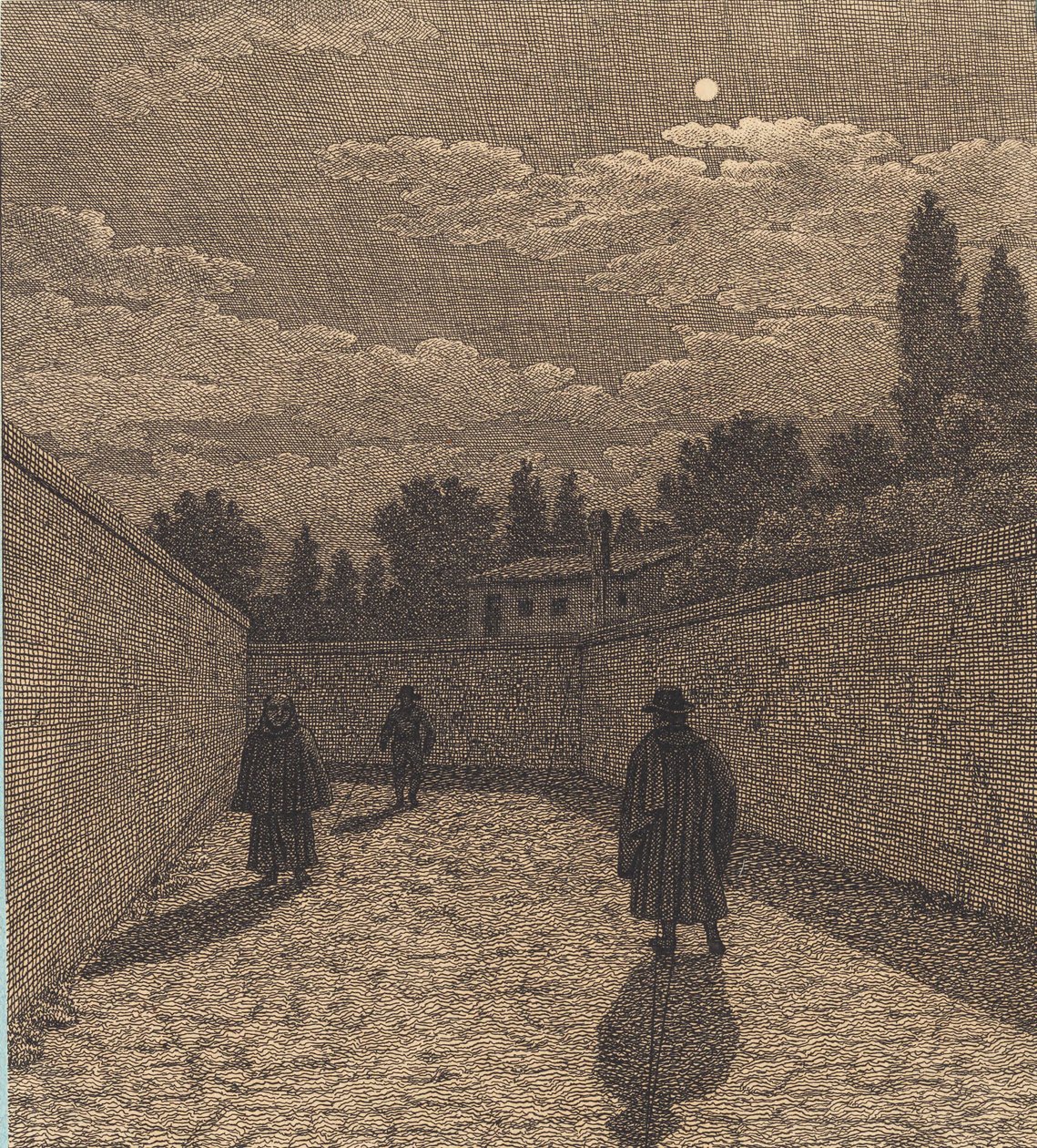 Üç figürlü bir yol üzerinde ay ışığı. "Doğrusal Perspektif" için İllüstrasyon, Plaka IV by Christoffer Wilhelm Eckersberg