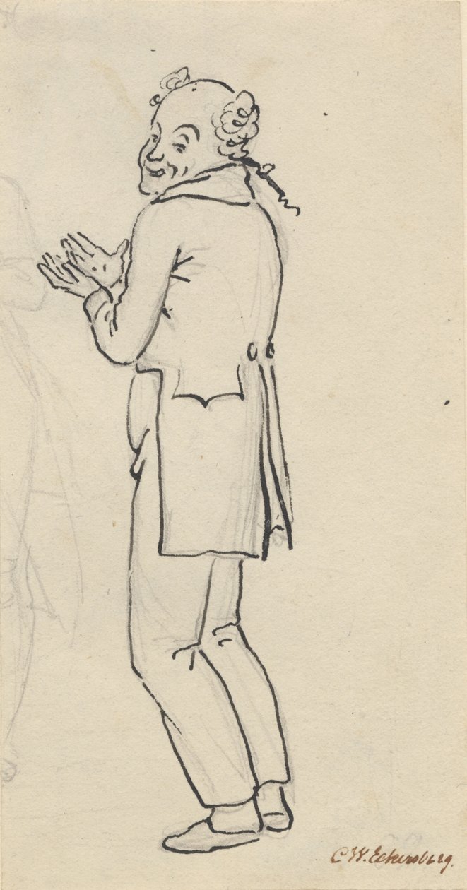 hiciv dergisi; Gülümseyen bir adam, yandan görülen, iki eli göğsünün önünde ve hafif bir kurşun kalem tırmalamasının bir parçası [kesilmiş] by Christoffer Wilhelm Eckersberg