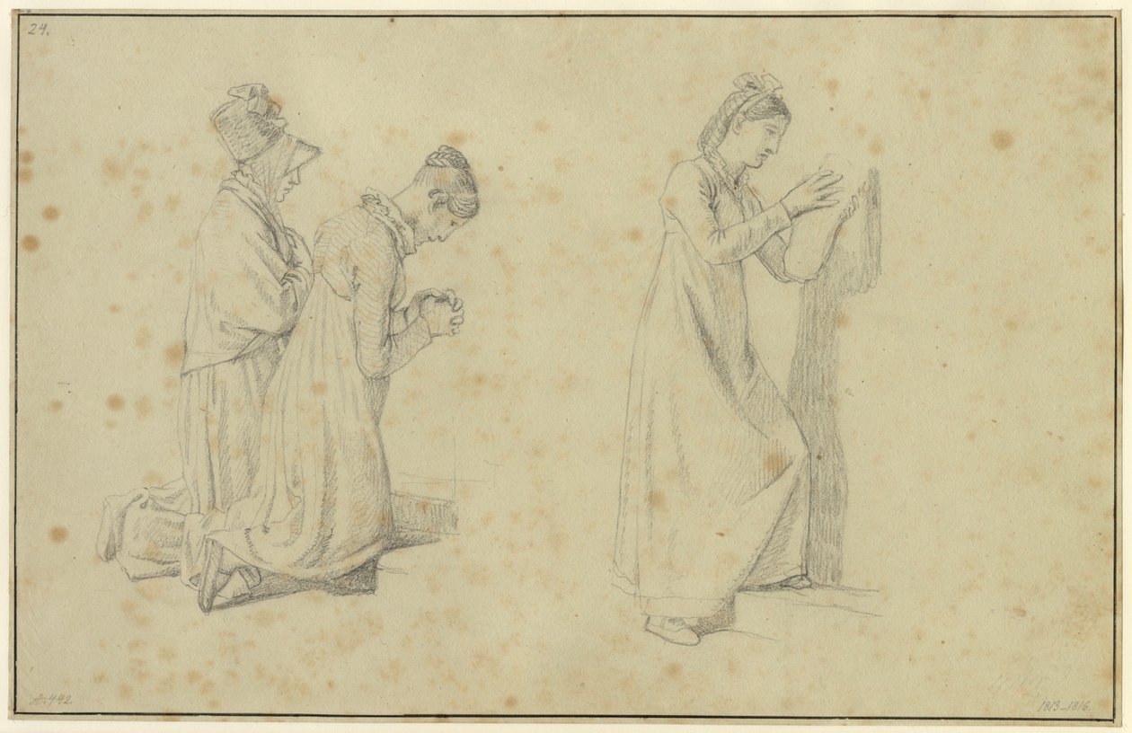 Ayakta duran ve iki diz çökmüş kadın figürünün incelenmesi by Christoffer Wilhelm Eckersberg