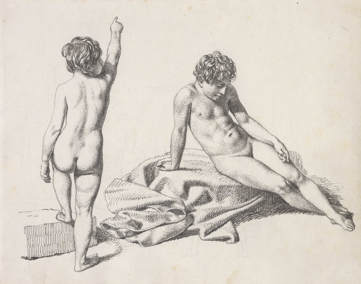 İki çıplak küçük kız, biri otururken önden, diğeri arkadan ayakta by Christoffer Wilhelm Eckersberg