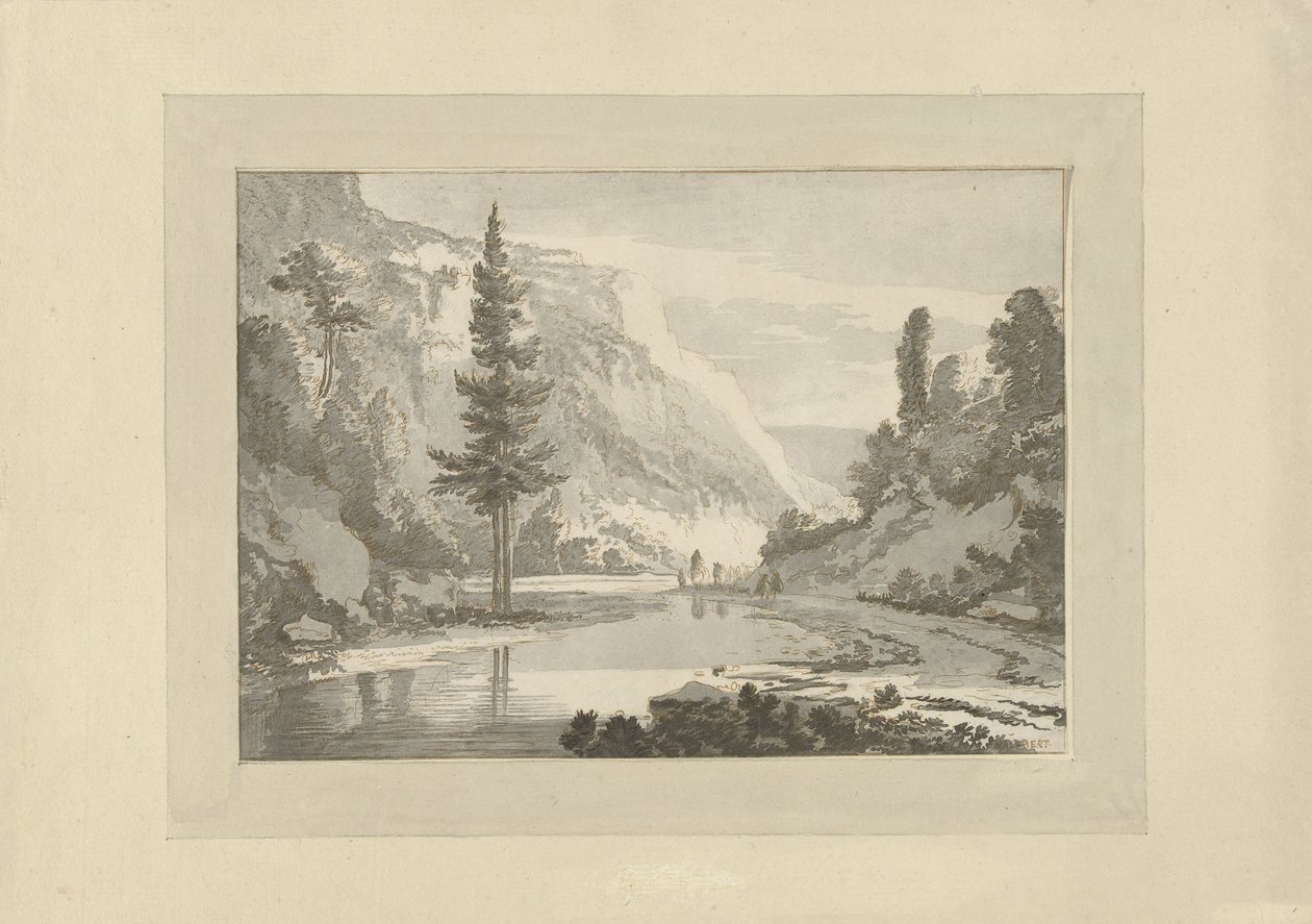 Bir nehir kıyısında çobanlar ile dağ manzarası by C. Brouwer