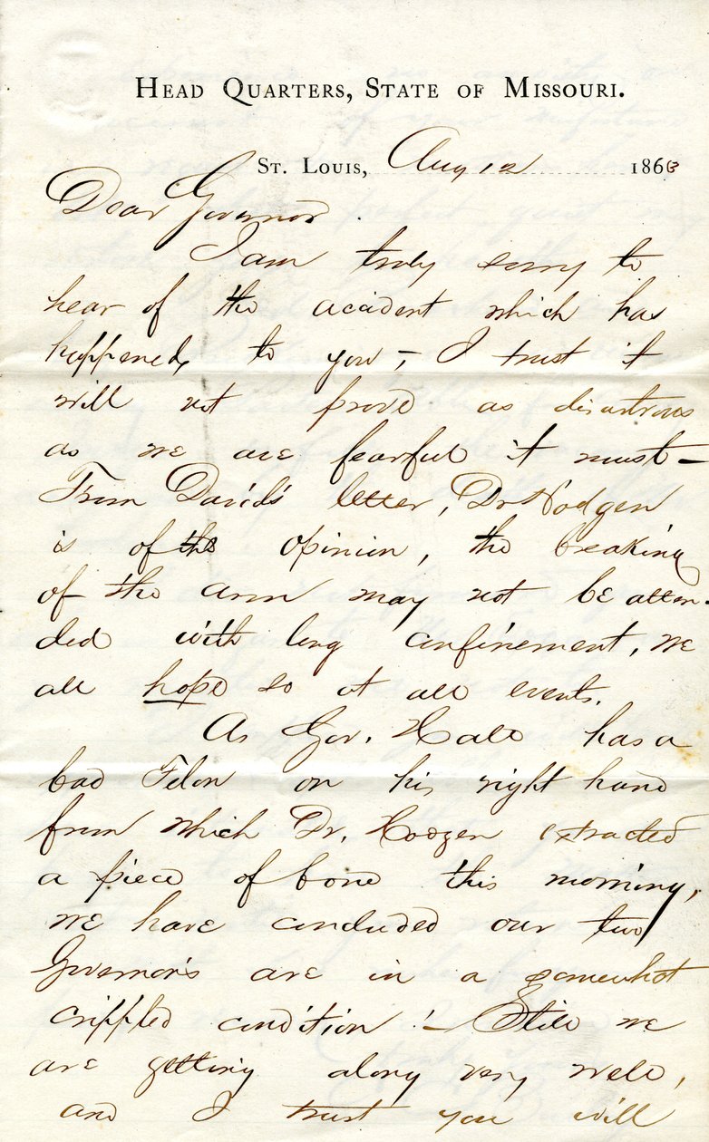 İmzalı C.C. Bailey, Genel Merkez, Missouri Eyaleti, St. Louis, Valiye [Hamilton R. Gamble], 12 Ağustos 1863 by C. C. Bailey