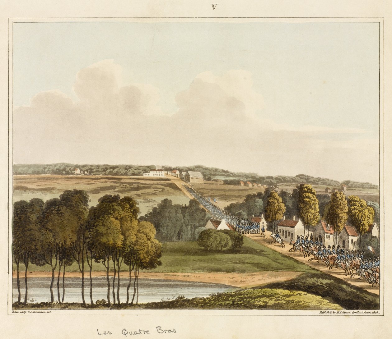 Les Quatre Bras, 'Waterloo Savaşı'nın Tarihsel Bir Hesabı'ndan, gravür James Rouse, 1817 (renkli aquatint) by C. C. Hamilton
