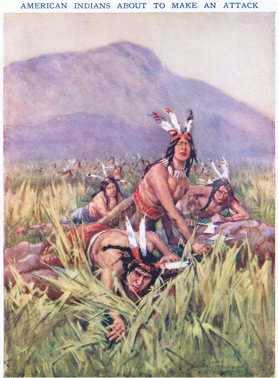 Amerikan Kızılderilileri saldırmak üzere (renkli lito) by C. Dudley Tennant