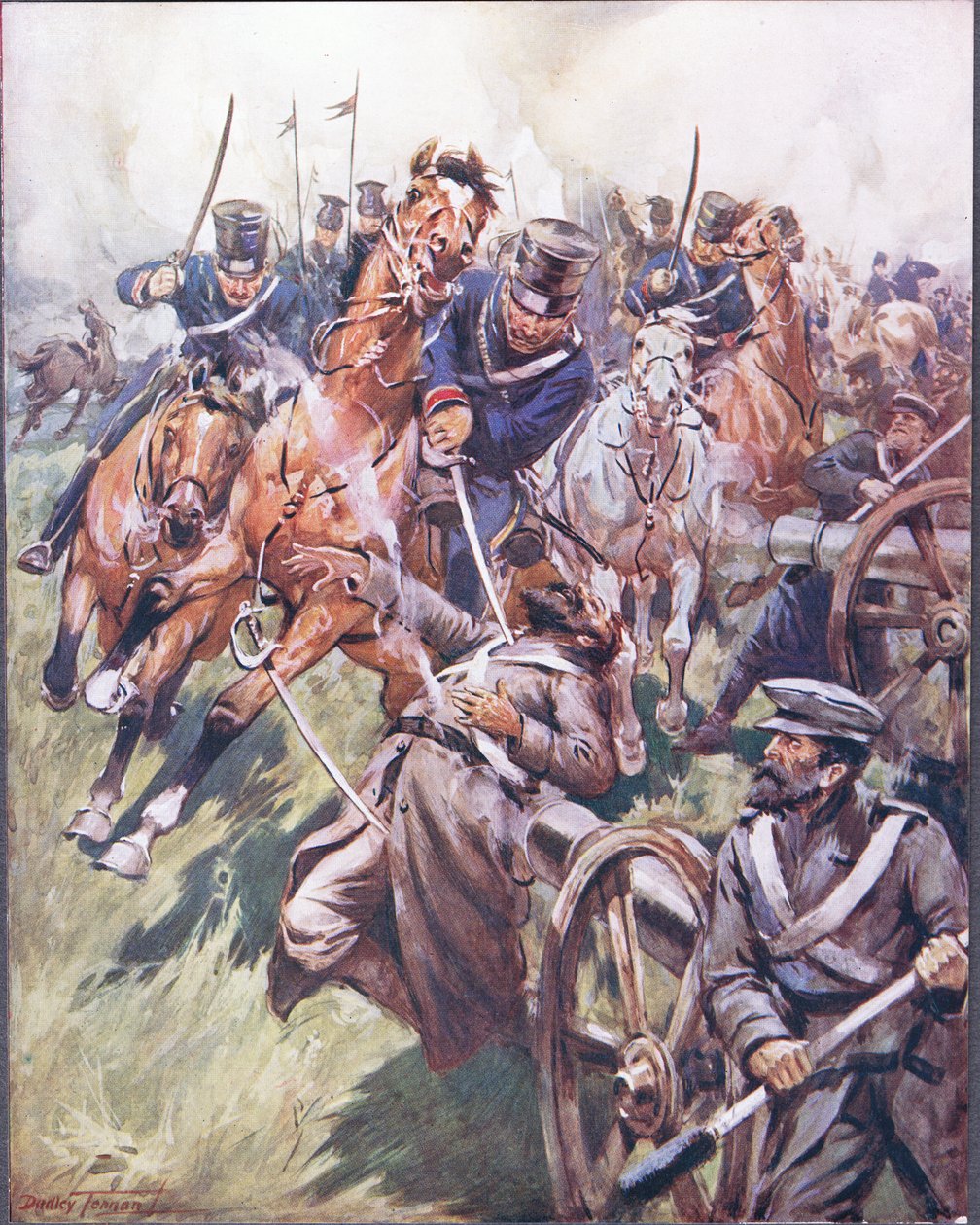 Kazak ve Rus kılıç darbesinden sarsıldı, 'Ünlü Dövüşlerin Baladları'ndan bir resim, 1900 dolayları (renkli lito) by C. Dudley Tennant