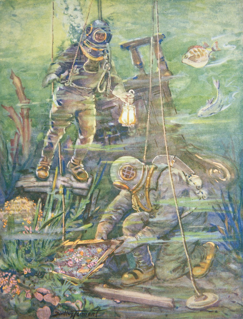 Derin Deniz Dalgıçları, Batık Hazineyi bulur, yaklaşık 1890'lar (renkli lito) by C. Dudley Tennant