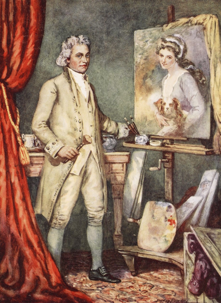 George Romney, Leydi Hamilton'ın portresini çiziyor (renkli lito) by C. Dudley Tennant