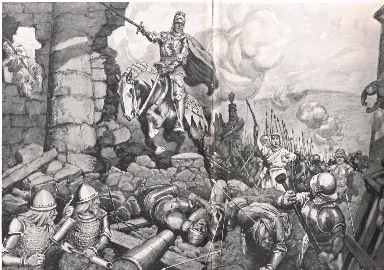 Henry V Harfleur Kuşatmasında, Cassell tarafından yayınlanan 'British Battles on Land and Sea'den illüstrasyon, Londra, c.1910 (litho) by C. Dudley Tennant