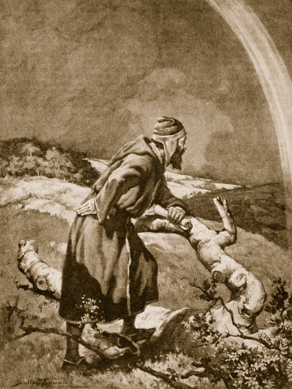Roger Bacon bir gökkuşağı (taş) üzerinde çalışıyor by C. Dudley Tennant