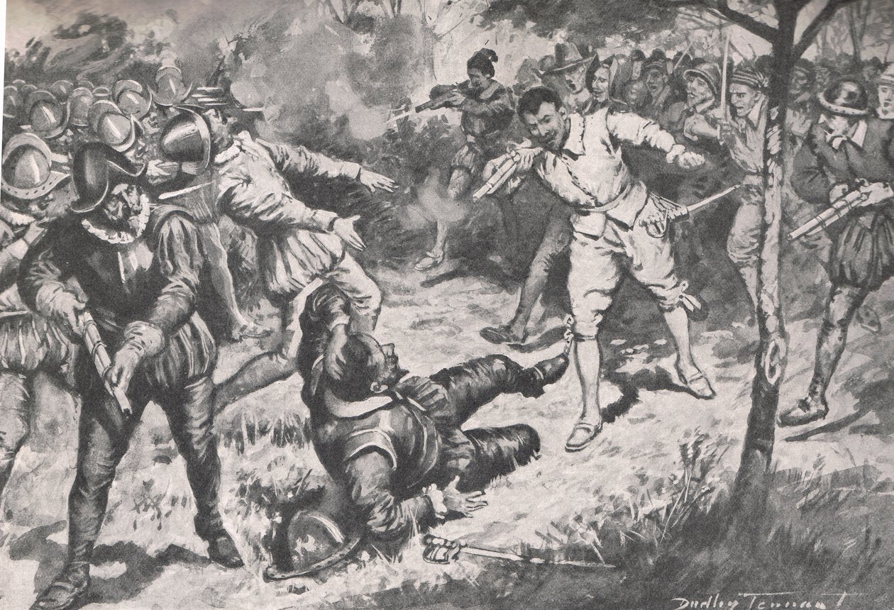 Amiral, ardından ekibiyle birlikte, Cassell, Londra tarafından yayınlanan 'British Battles on Land and Sea'den bir örnekle, Vera Cruz Muhafızlarına doğru koştu, yaklaşık 1910 (litho) by C. Dudley Tennant