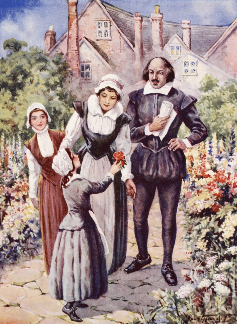 William Shakespeare, eşi ve iki kızıyla birlikte, New Place, Stratford-upon-Avon'daki bahçede (renkli lito) by C. Dudley Tennant